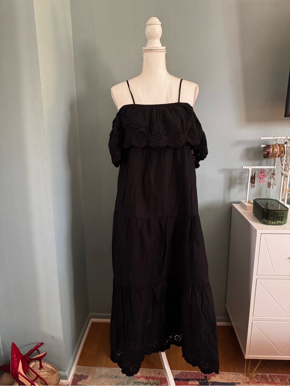 NWT OLD NAVY Black Off-Shoulder Maxi Dress with Eyelet Trim MEDIUM